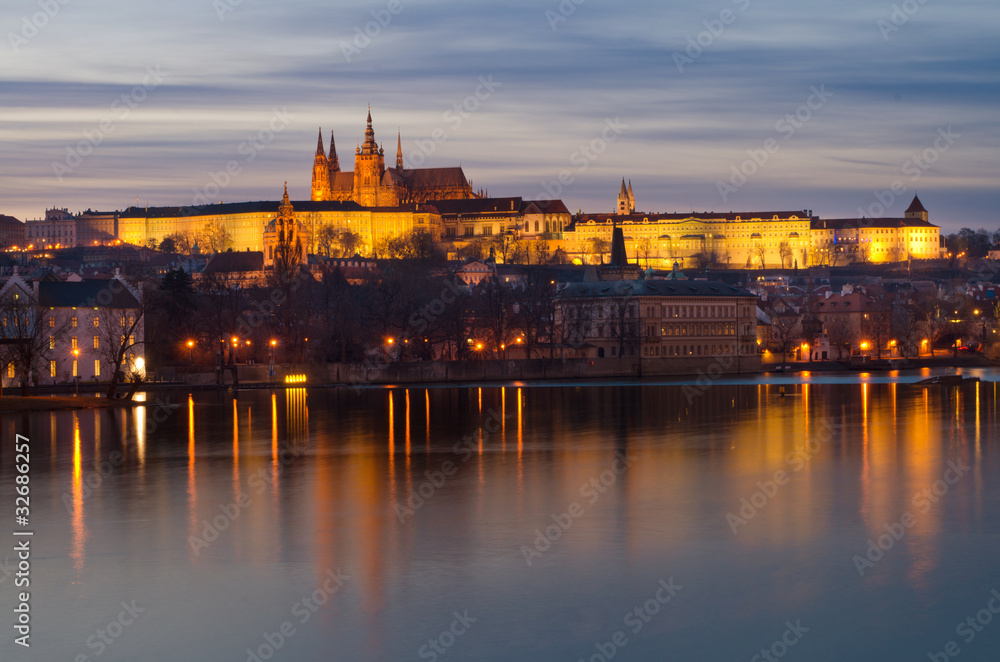 Sunset Prague Castle panorama,Vltava River View,Bohemia landmark