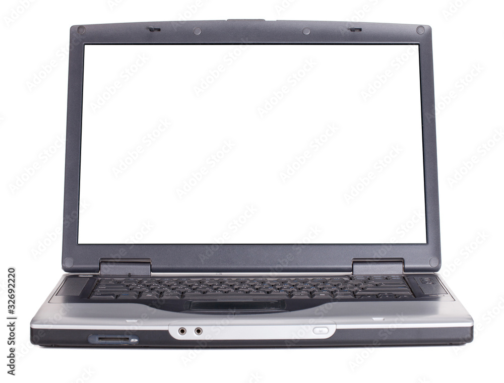 Laptop with blank white screen. Front view Laptop with blank white screen. Front view