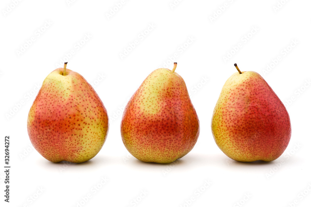 Three pears, arranged in a row, isolated, white background Three pears, arranged in a row, isolated, white background