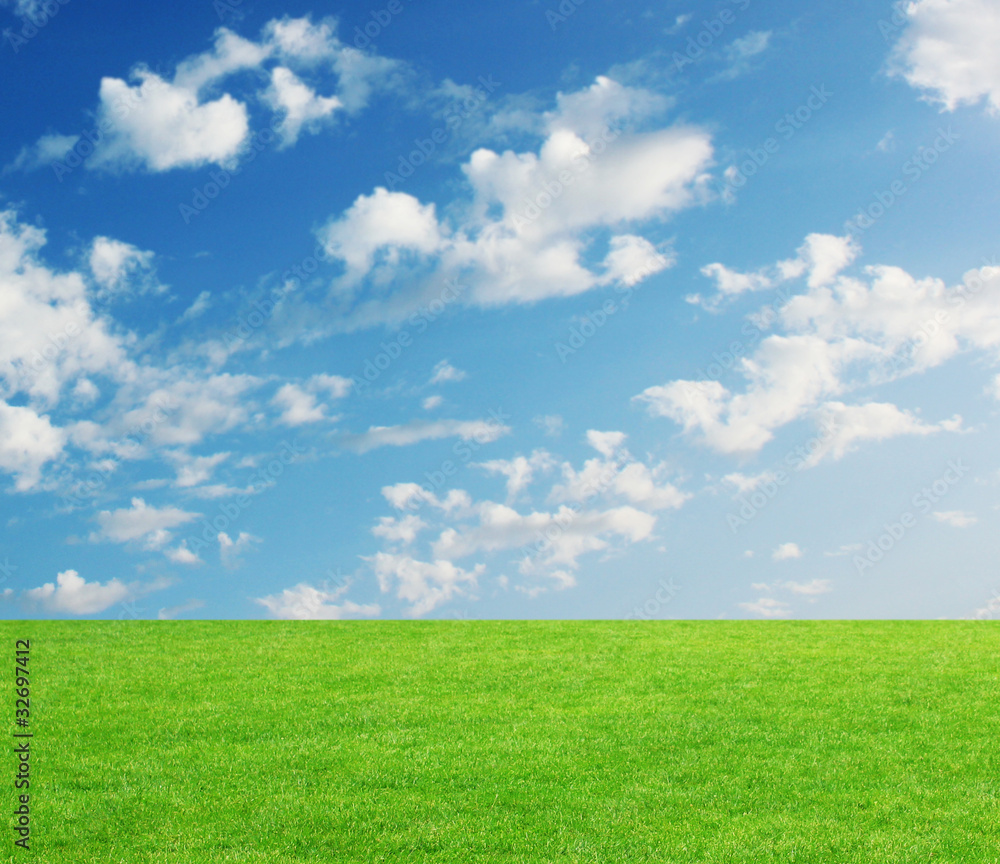 grüne Wiese mit Himmel und Wolken im Hintergrund grüne Wiese mit Himmel und Wolken im Hintergrund