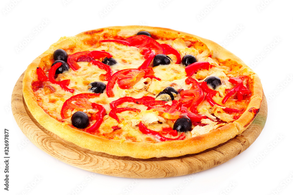 Pizza with olives and tomatoes closeup