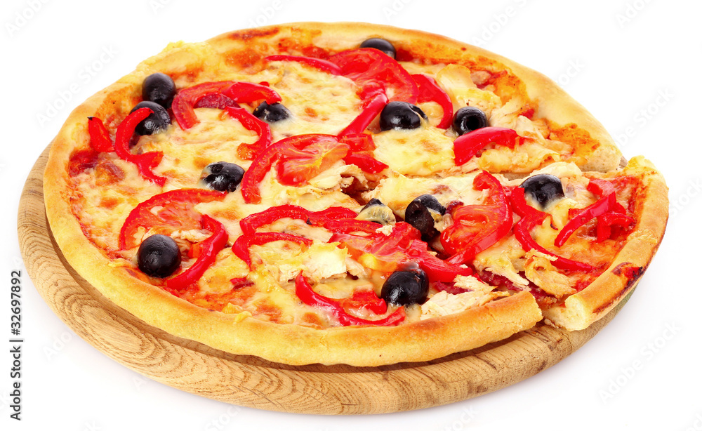 Pizza with olives and tomatoes closeup