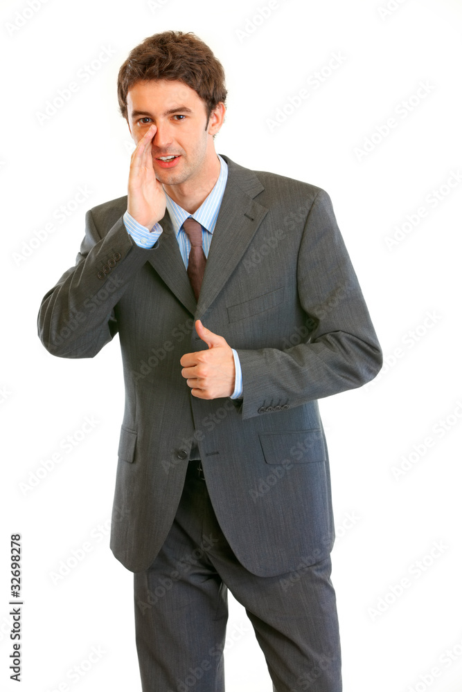Businessman reporting news and showing thumbs up