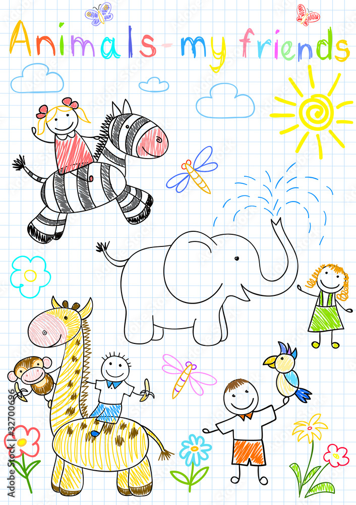 Vector sketches happy children's and animals Vector sketches happy children's and animals