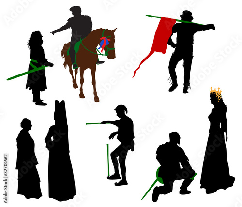 Silhouettes of people in medieval costumes.