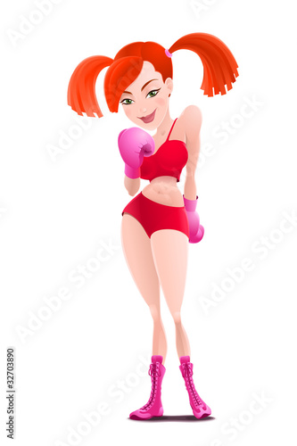 Beautiful sexy toon girl in red suit with pink boxing gloves