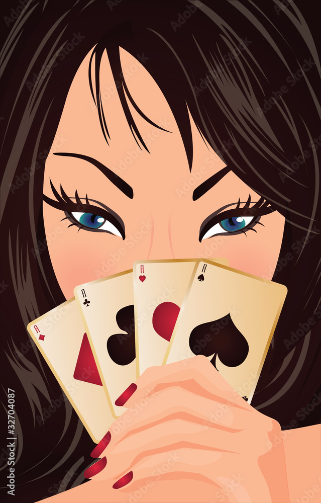 Plakat Pretty girl with poker cards, vector illustration