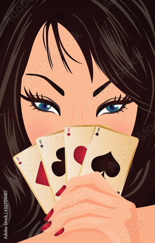 Pretty girl with poker cards, vector illustration