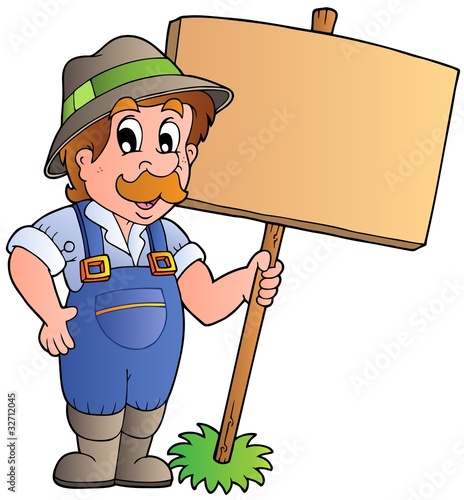 Cartoon farmer holding wooden board