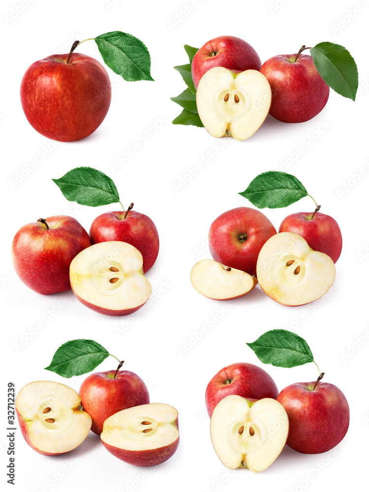 set red apple fruits with leaf isolated on white background set red apple fruits with leaf isolated on white background