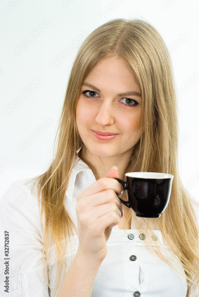 cute businesswoman with a black cup cute businesswoman with a black cup