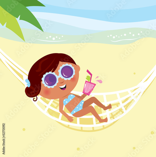 Dark skin girl with summer drink lying in a hammock
