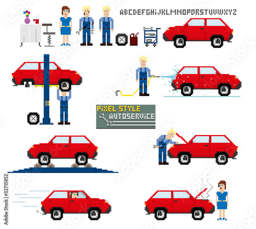 Pixel art style. Auto service. Vector illustration.