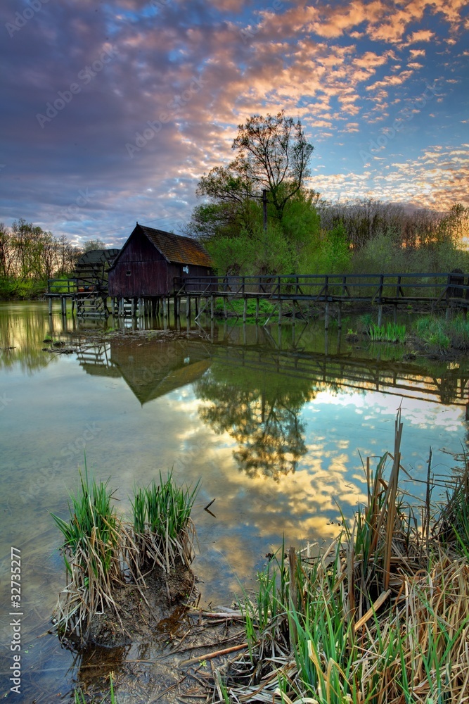 Fototapeta premium Summer landscape with river and watermill