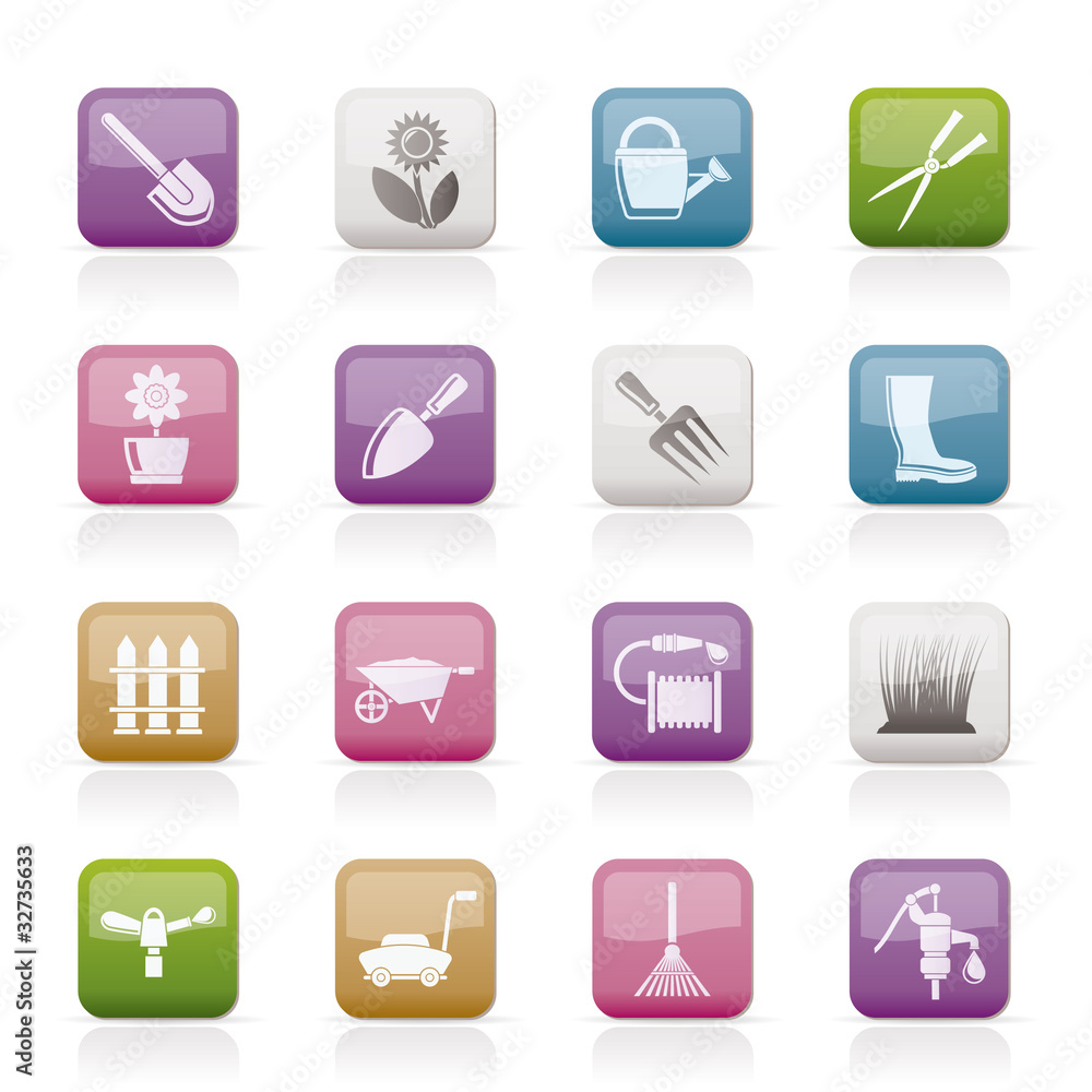 Garden and gardening tools and objects icons