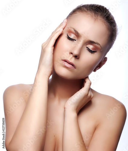 woman having migraine on white background