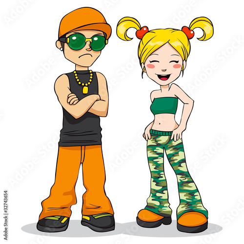 Cool guy with arms folded and trendy girl laughing