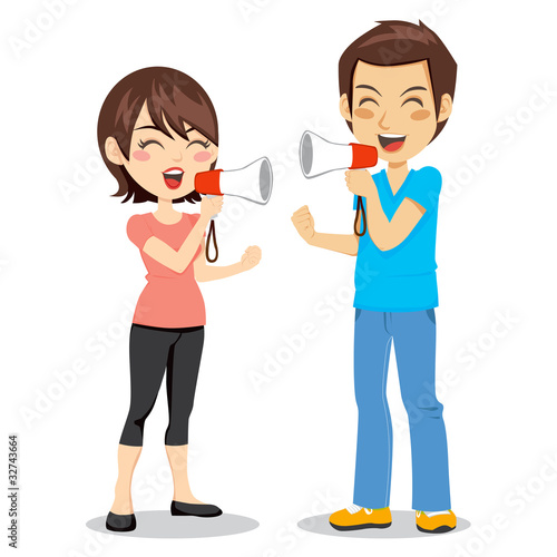 Funny concept of couple arguing with megaphone