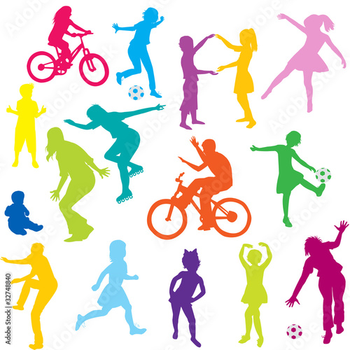 Colored children silhouettes playing