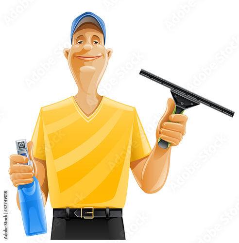 man cleaning window squeegee