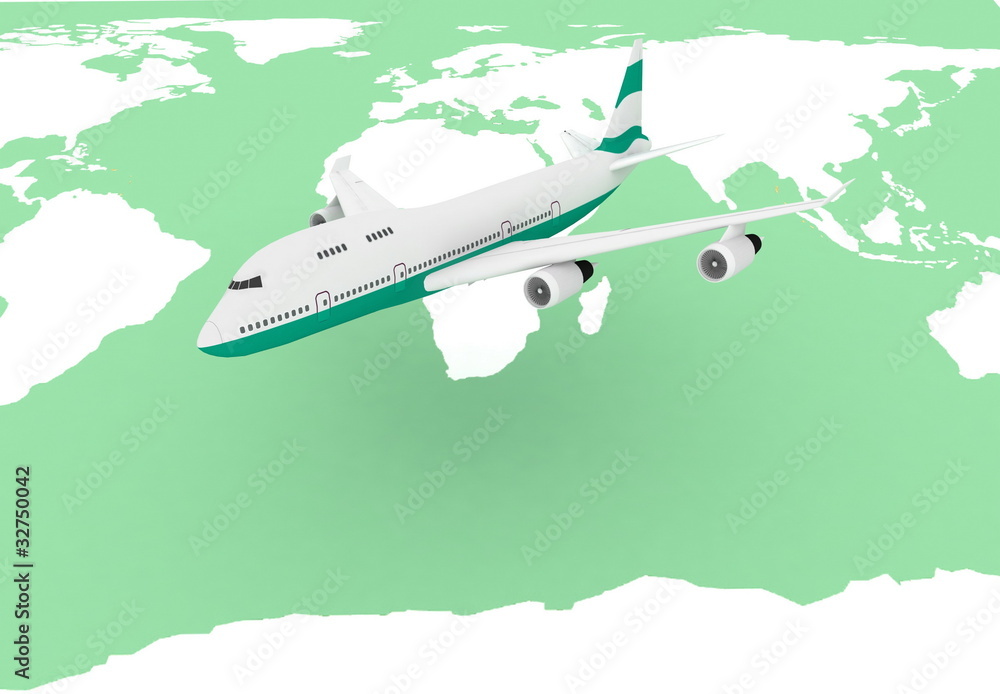 Fototapeta premium flying airplane on a background map of the world