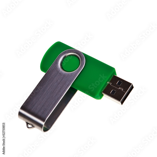 USB green pendrive memory isolated over white background.