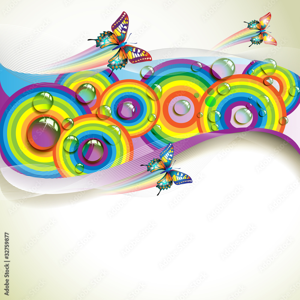 Background with butterflies and drops of water over rainbow Background with butterflies and drops of water over rainbow