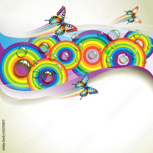 Background with butterflies and drops of water over rainbow