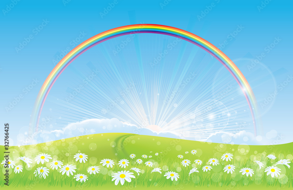 Beautiful landscape - flowers – blue sky with rainbow - hope Beautiful landscape - flowers – blue sky with rainbow - hope