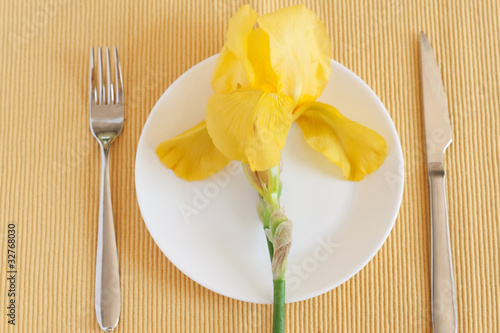 Fork, knife, yellow iris and a white plate