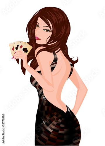 Beautiful girl with poker cards, vector illustration