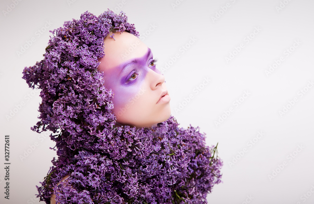 covered with lilac beauty girl covered with lilac beauty girl