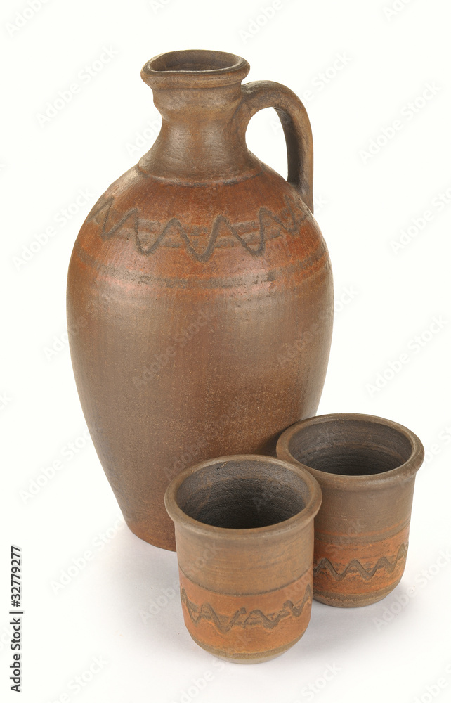pitcher and two cups of clay