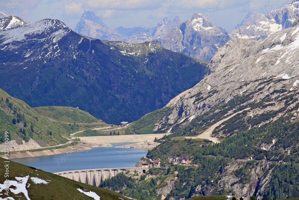 Panorama of Fedaja Lake and Marmolada glacier in Val di Fassa