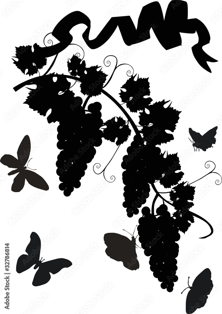 grapes and butterflies silhouettes on white