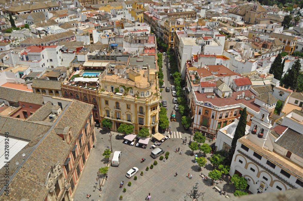 Panorama of the beautiful old centre of Seville Andalucia Spain showing several famous sites taken from the bell tower of it’s amazing cathedral