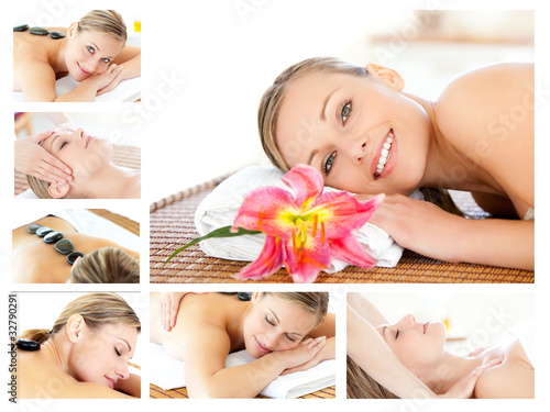 Collage of a young girl being massaged while relaxing