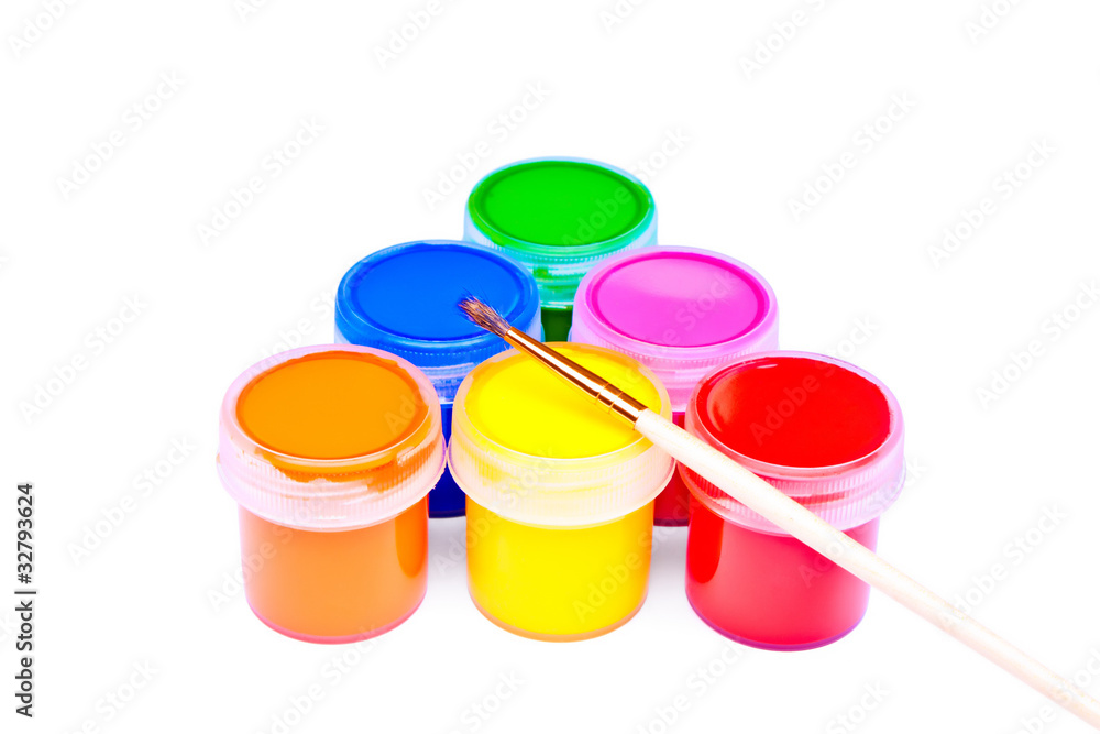 paint buckets with various colors with paint brush paint buckets with various colors with paint brush