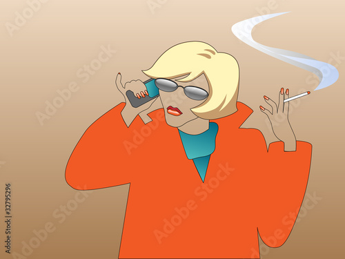 Blond in red with a phone and a cigarette