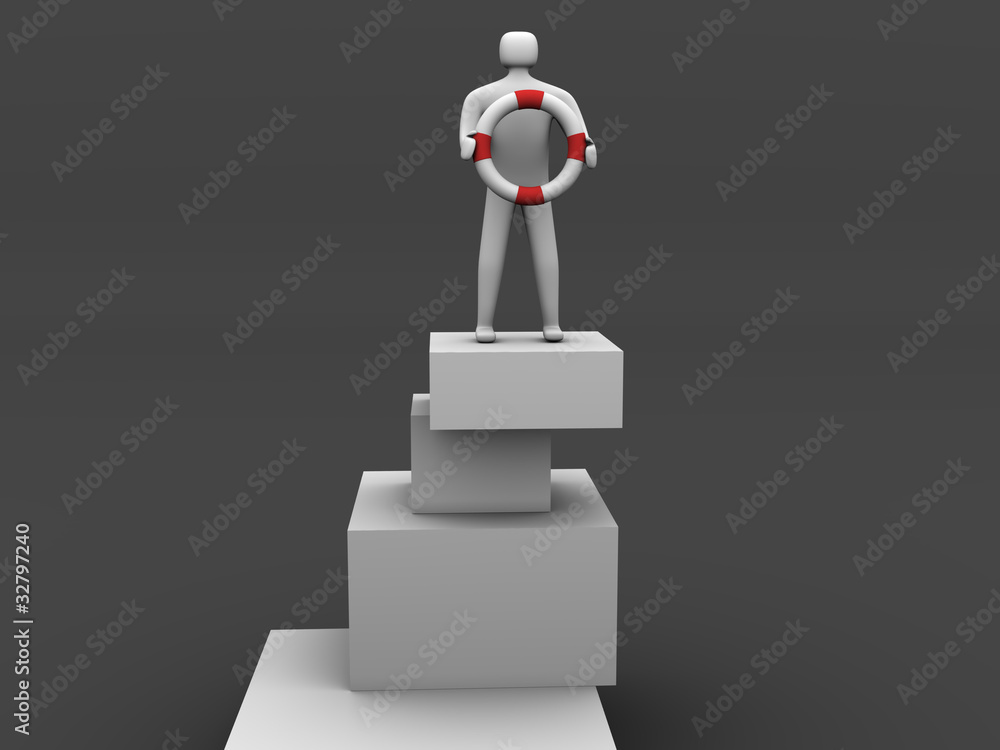 Businessman with Life Buoy Rescue on 3d virtual tower Businessman with Life Buoy Rescue on 3d virtual tower
