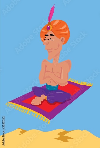 Cartoon genie flying on a carpet