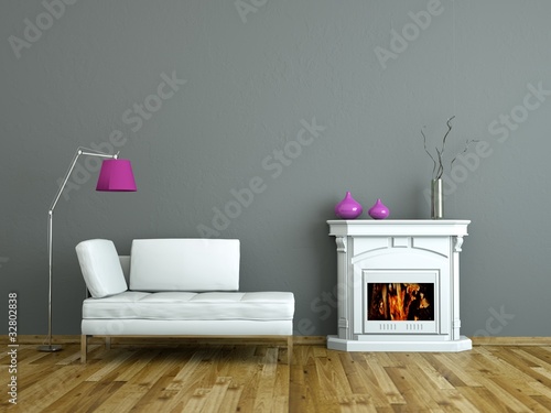 Wohndesign - weisses Sofa mit Kamin photo