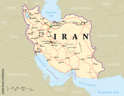 Iran political map with capital Tehran, national borders, most important cities, rivers and lakes. English labeling and scaling. Illustration.