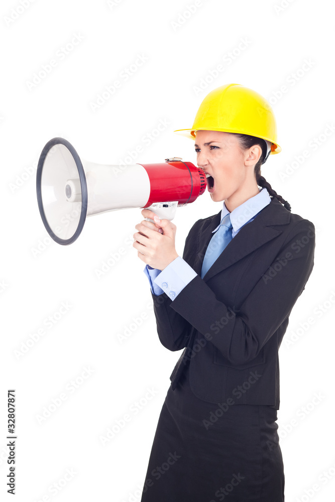 megaphone businesswoman with hardhat shouting megaphone businesswoman with hardhat shouting