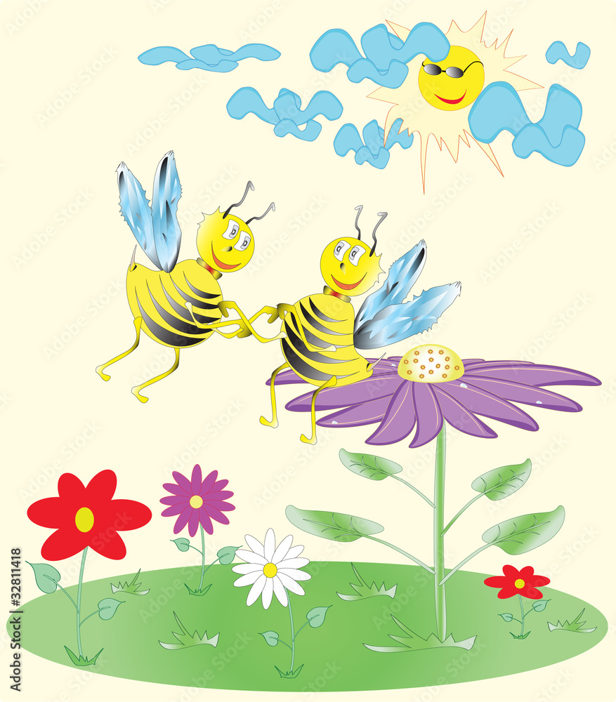 Cute cartoon bees on the flower