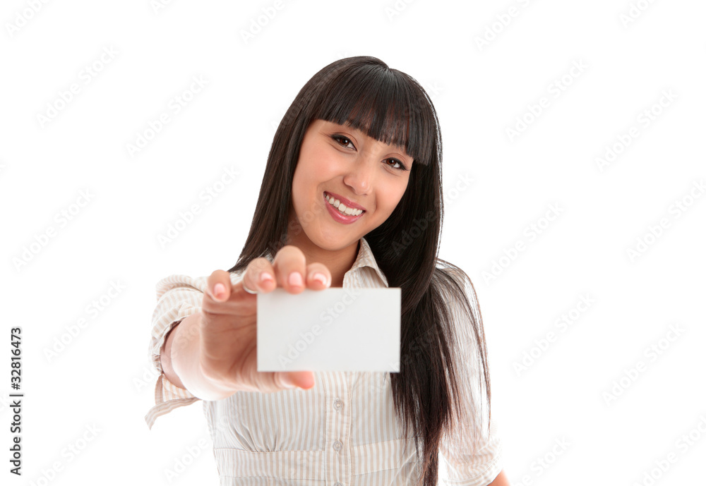 Pretty smiling woman with business or id card Pretty smiling woman with business or id card