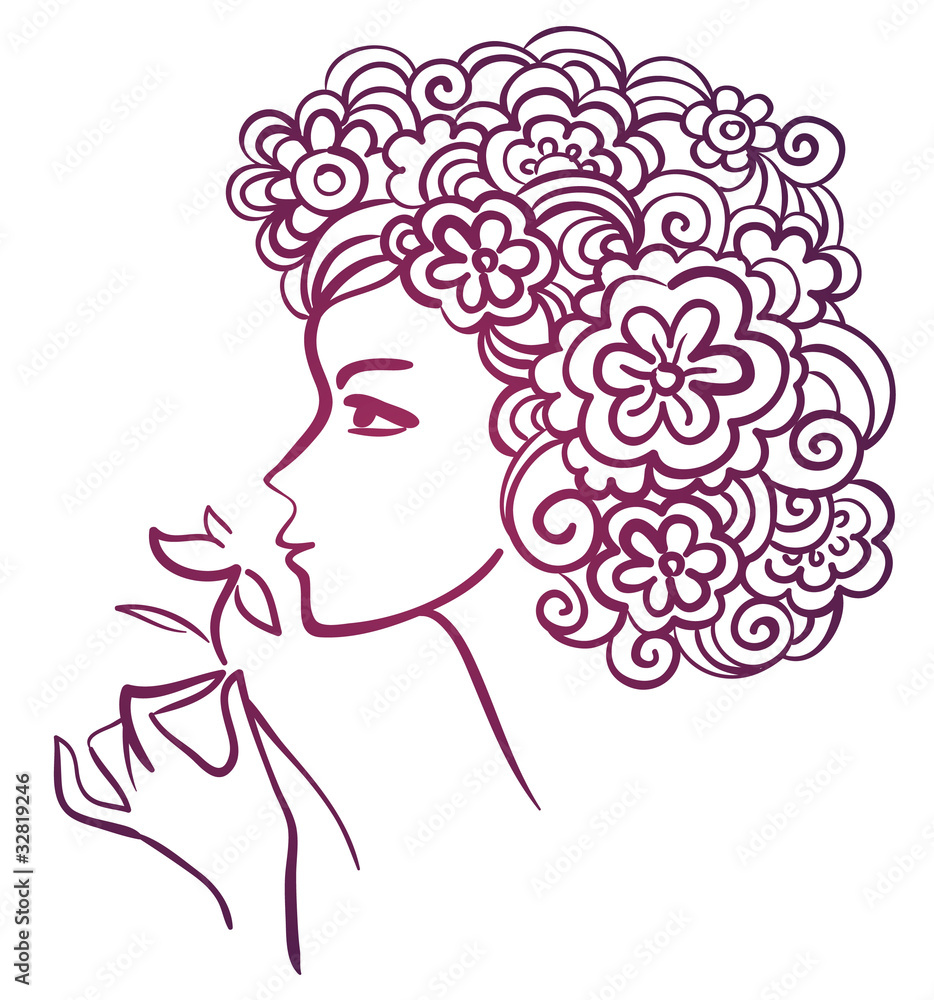 Beautiful woman with flower, linear illustration Beautiful woman with flower, linear illustration