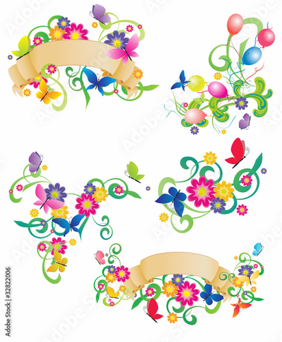 butterflies and flowers retro banners set