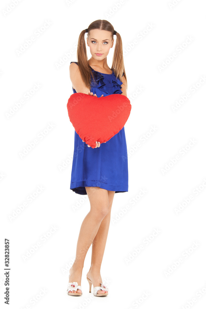 lovely woman with red heart-shaped pillow lovely woman with red heart-shaped pillow