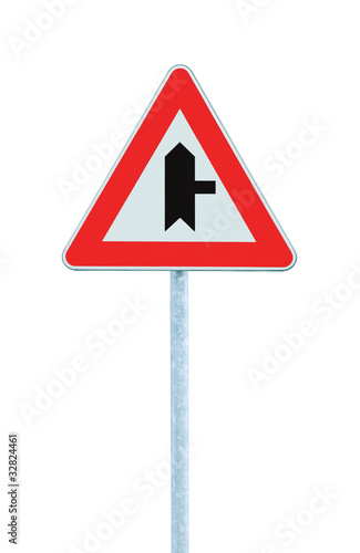 Crossroads Warning Main Road Sign With Pole Right, isolated